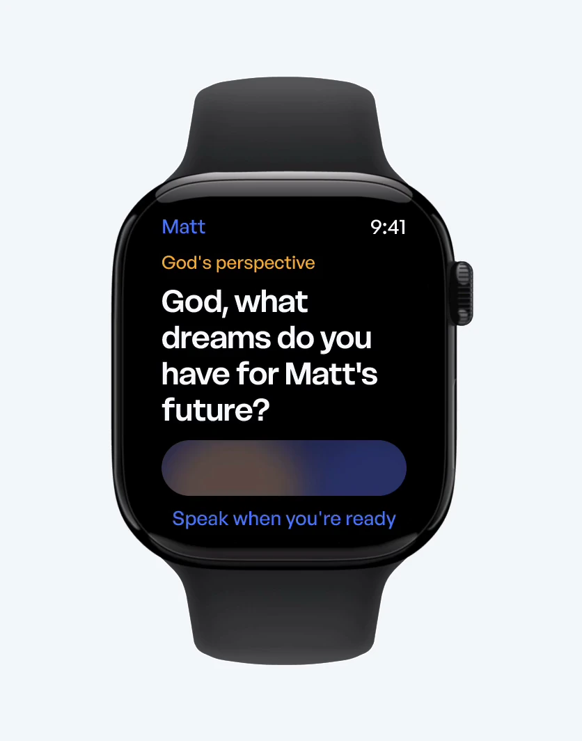 An Apple Watch walking through a prayer: Matt works here, pray for him before you go in; a spoken prayer over a voice waveform; Prayer lifted; then Tell Matt one thing he did well this week, with an I’ll do it button.